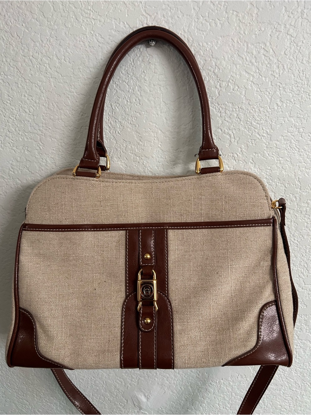 Etienne Aigner Beige and Brown Two-Tone Canvas Satchel